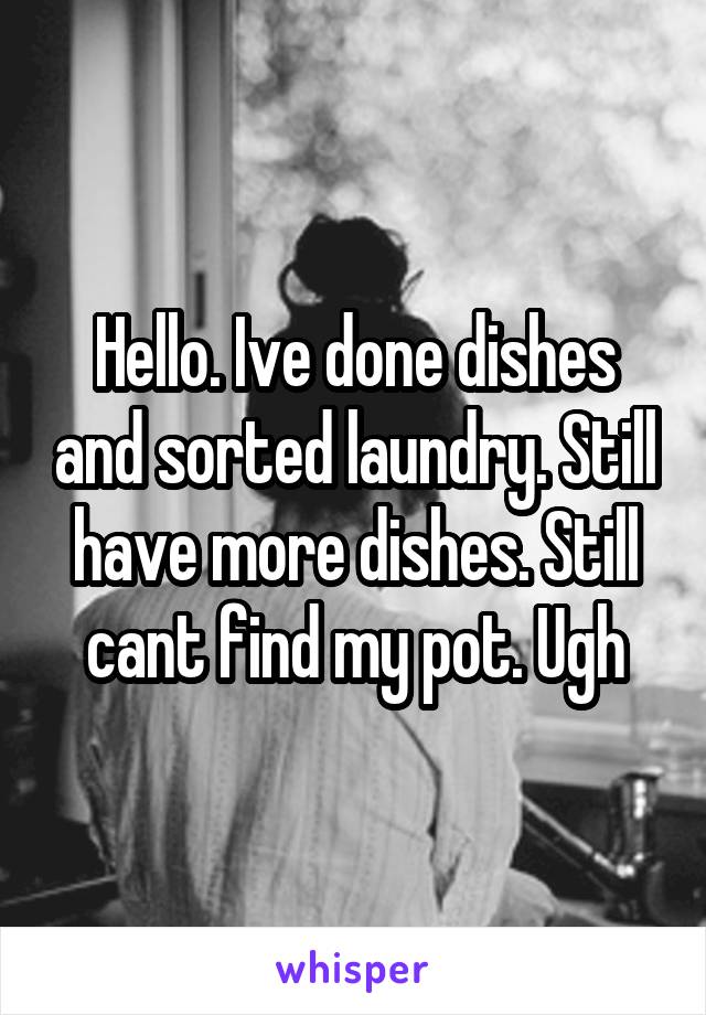 Hello. Ive done dishes and sorted laundry. Still have more dishes. Still cant find my pot. Ugh