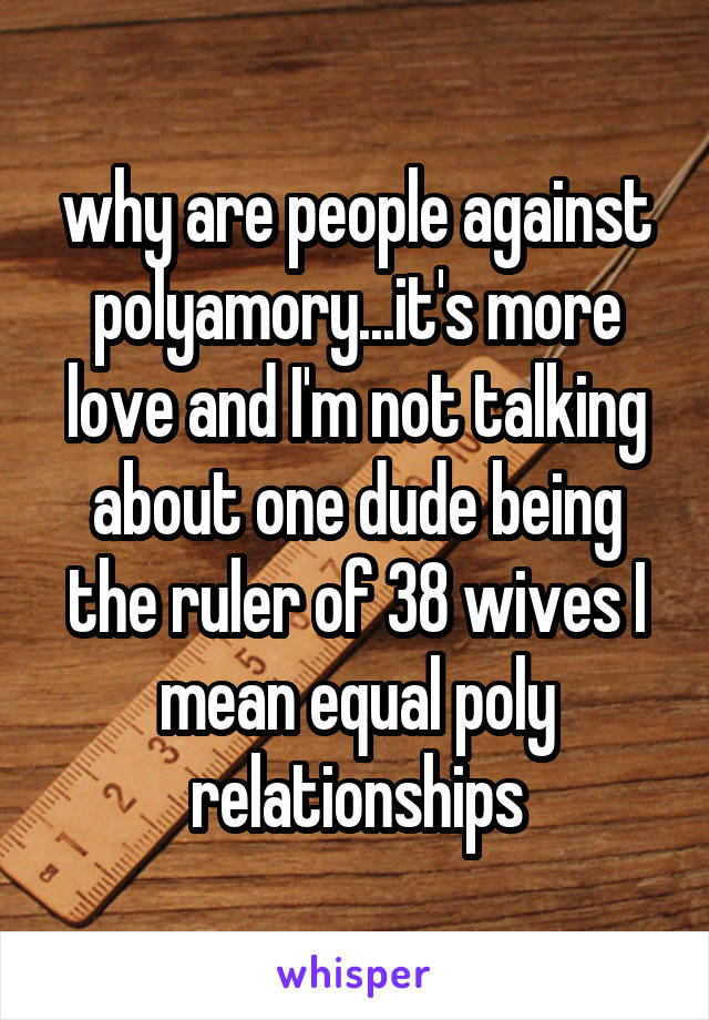 why are people against polyamory...it's more love and I'm not talking about one dude being the ruler of 38 wives I mean equal poly relationships