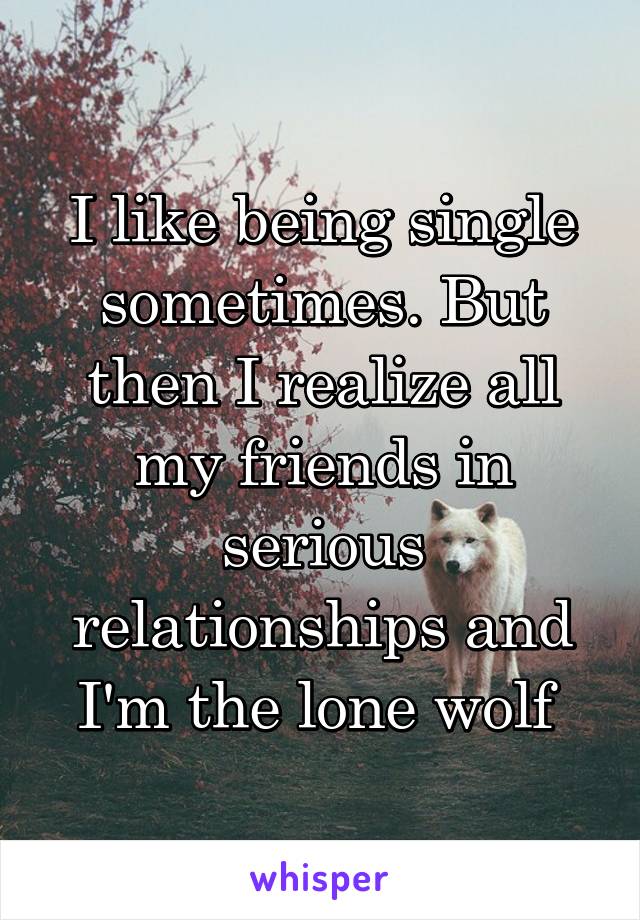 I like being single sometimes. But then I realize all my friends in serious relationships and I'm the lone wolf 