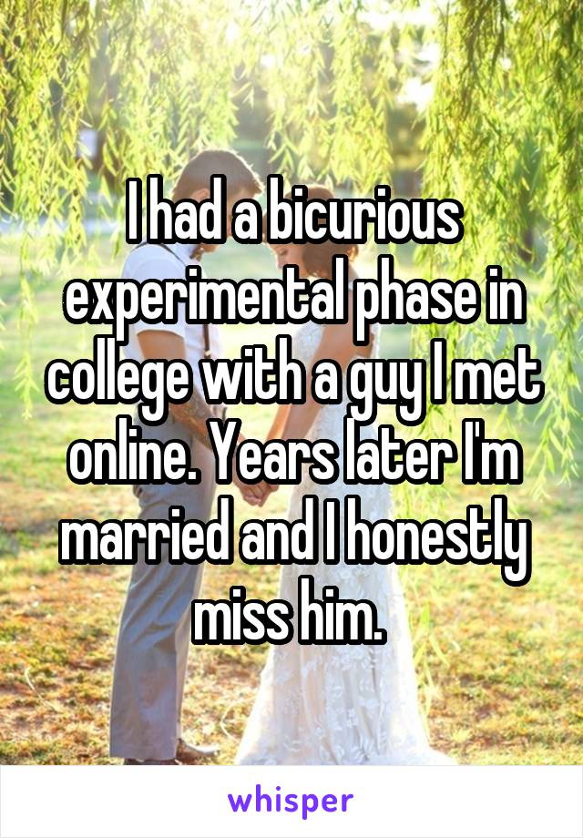 I had a bicurious experimental phase in college with a guy I met online. Years later I'm married and I honestly miss him. 