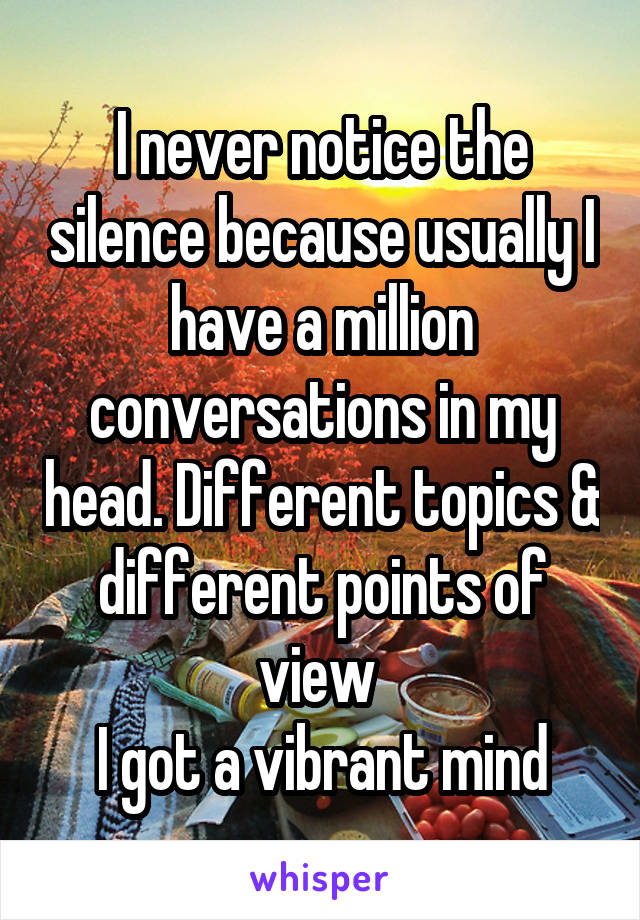 I never notice the silence because usually I have a million conversations in my head. Different topics & different points of view 
I got a vibrant mind