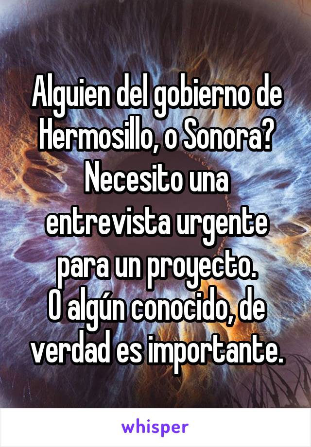 Alguien del gobierno de Hermosillo, o Sonora? Necesito una entrevista urgente para un proyecto.
O algún conocido, de verdad es importante.