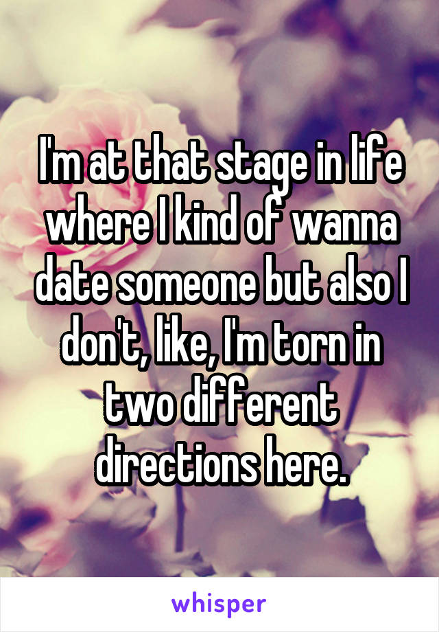 I'm at that stage in life where I kind of wanna date someone but also I don't, like, I'm torn in two different directions here.