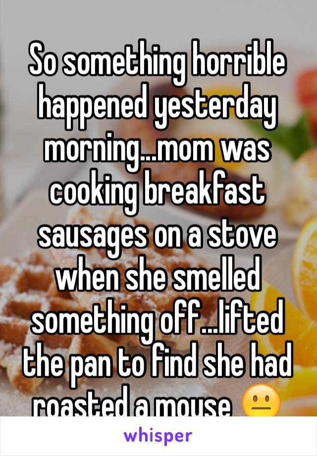 So something horrible happened yesterday morning...mom was cooking breakfast sausages on a stove  when she smelled something off...lifted the pan to find she had roasted a mouse 😐