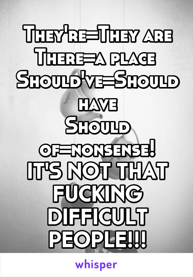 They're=They are
There=a place 
Should've=Should have
Should of=nonsense!
IT'S NOT THAT FUCKING DIFFICULT PEOPLE!!!