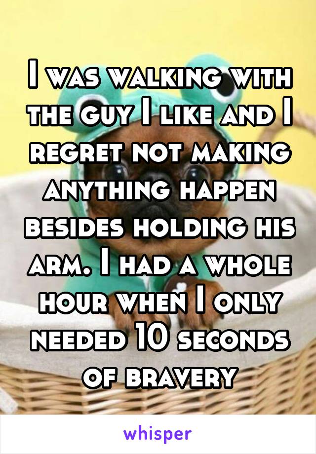 I was walking with the guy I like and I regret not making anything happen besides holding his arm. I had a whole hour when I only needed 10 seconds of bravery