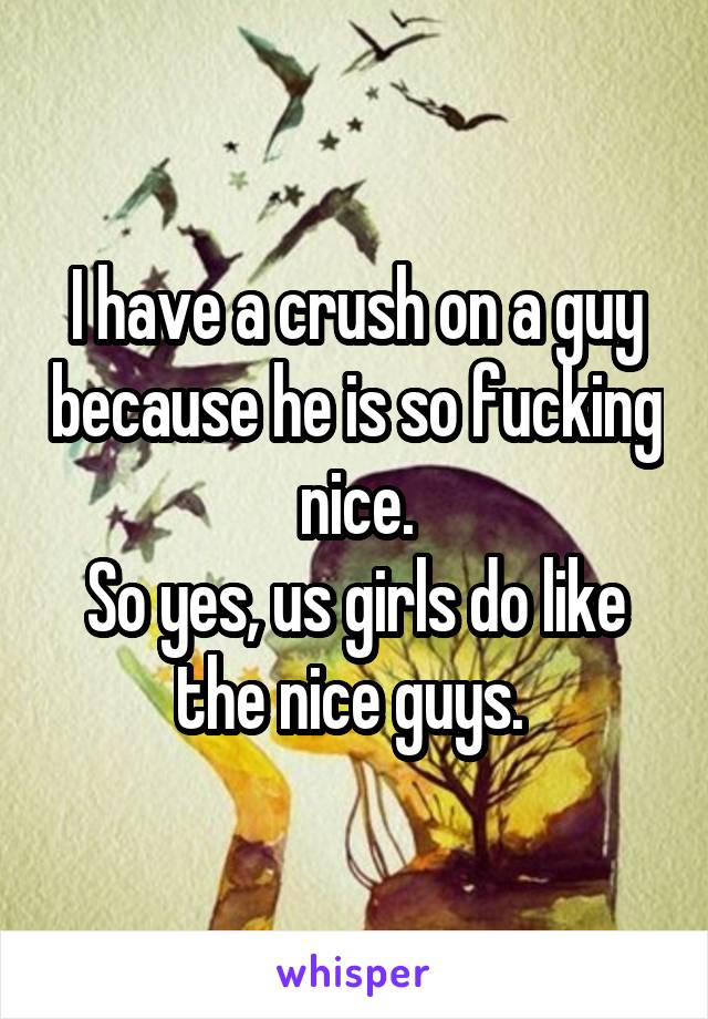 I have a crush on a guy because he is so fucking nice.
So yes, us girls do like the nice guys. 