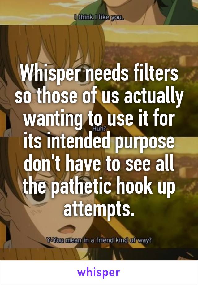 Whisper needs filters so those of us actually wanting to use it for its intended purpose don't have to see all the pathetic hook up attempts.