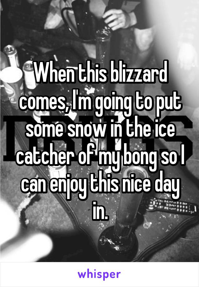 When this blizzard comes, I'm going to put some snow in the ice catcher of my bong so I can enjoy this nice day in.