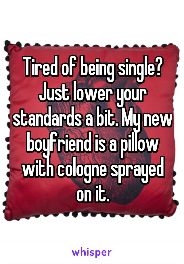 Tired of being single? Just lower your standards a bit. My new boyfriend is a pillow with cologne sprayed on it.