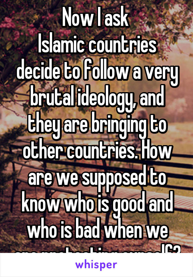 Now I ask 
Islamic countries decide to follow a very brutal ideology, and they are bringing to other countries. How are we supposed to know who is good and who is bad when we are protecting ourself?