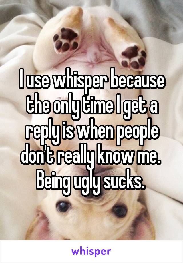 I use whisper because the only time I get a reply is when people don't really know me. 
Being ugly sucks. 