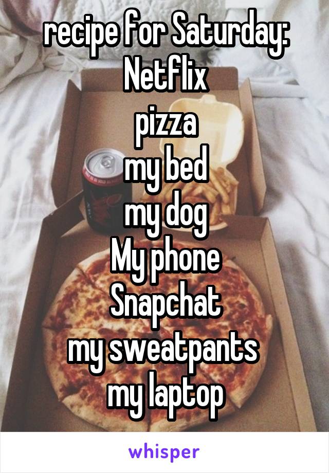 recipe for Saturday:
Netflix
pizza
my bed
my dog
My phone
Snapchat
my sweatpants 
my laptop
