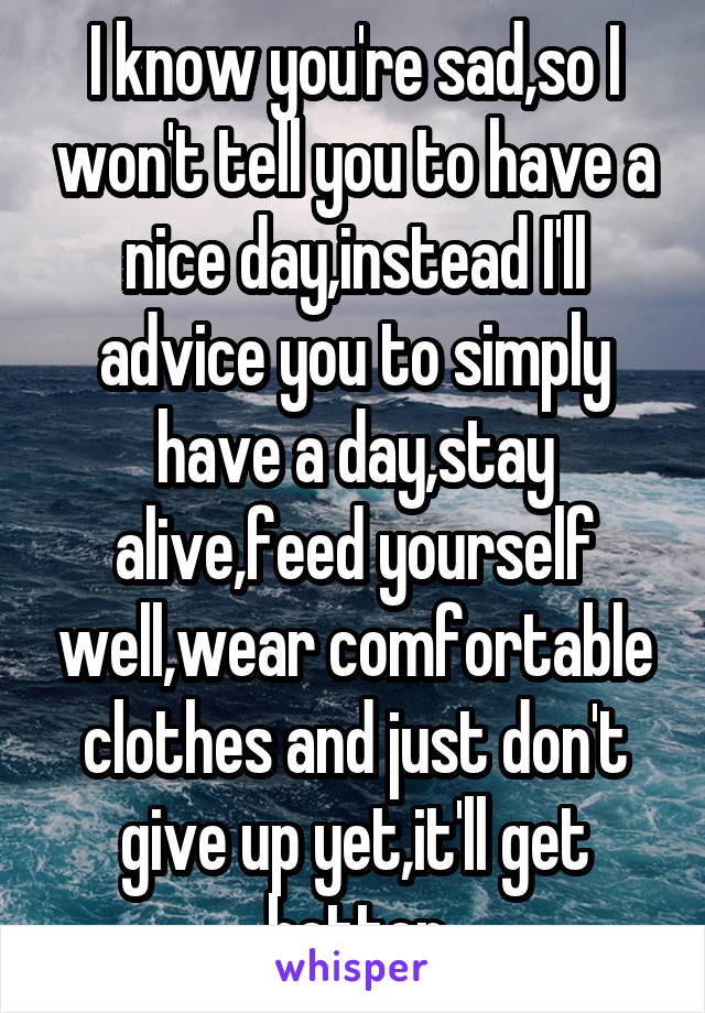 I know you're sad,so I won't tell you to have a nice day,instead I'll advice you to simply have a day,stay alive,feed yourself well,wear comfortable clothes and just don't give up yet,it'll get better