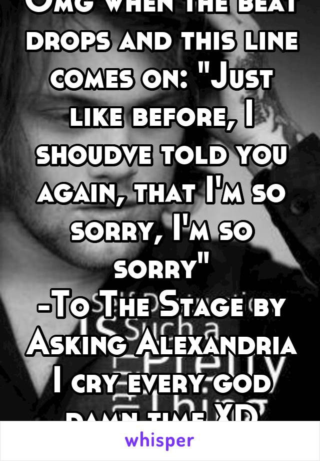 Omg when the beat drops and this line comes on: "Just like before, I shoudve told you again, that I'm so sorry, I'm so sorry"
-To The Stage by Asking Alexandria
I cry every god damn time XD
