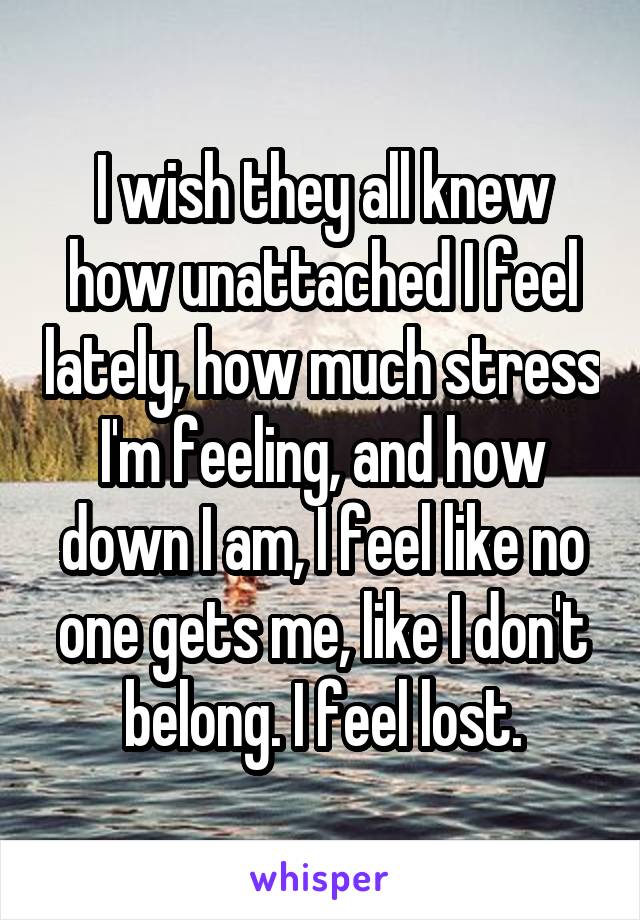 I wish they all knew how unattached I feel lately, how much stress I'm feeling, and how down I am, I feel like no one gets me, like I don't belong. I feel lost.