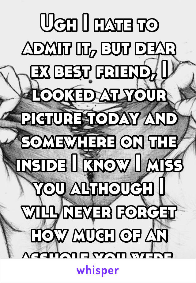 Ugh I hate to admit it, but dear ex best friend, I looked at your picture today and somewhere on the inside I know I miss you although I will never forget how much of an asshole you were.