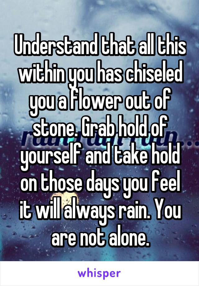 Understand that all this within you has chiseled you a flower out of stone. Grab hold of yourself and take hold on those days you feel it will always rain. You are not alone.