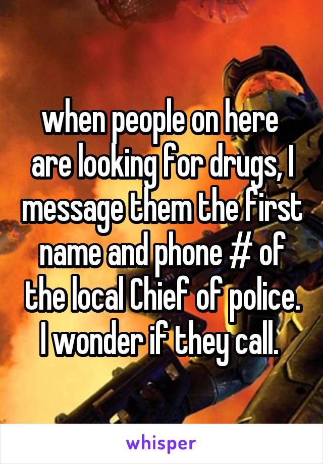 when people on here  are looking for drugs, I message them the first name and phone # of the local Chief of police. I wonder if they call. 