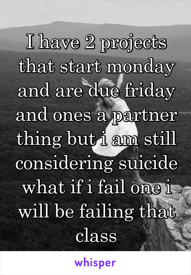 I have 2 projects that start monday and are due friday and ones a partner thing but i am still considering suicide what if i fail one i will be failing that class