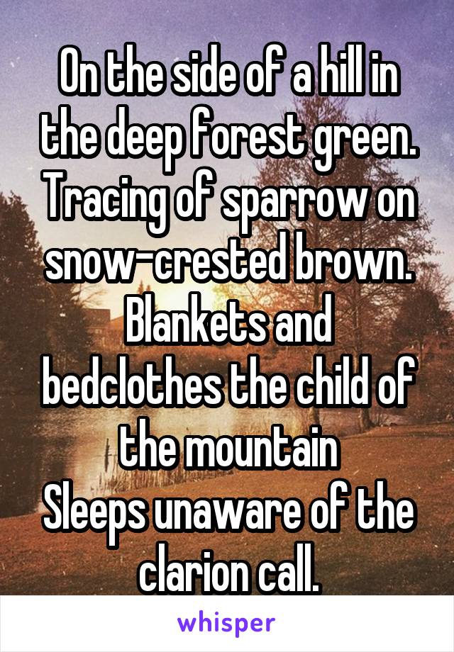 On the side of a hill in the deep forest green.
Tracing of sparrow on snow-crested brown.
Blankets and bedclothes the child of the mountain
Sleeps unaware of the clarion call.