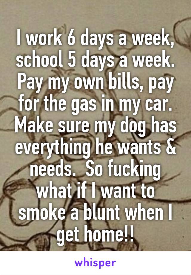 I work 6 days a week, school 5 days a week. Pay my own bills, pay for the gas in my car. Make sure my dog has everything he wants & needs.  So fucking what if I want to smoke a blunt when I get home!!