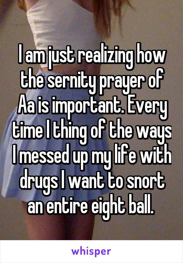 I am just realizing how the sernity prayer of Aa is important. Every time I thing of the ways I messed up my life with drugs I want to snort an entire eight ball. 