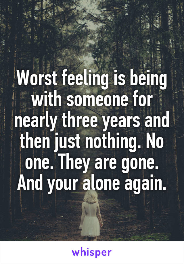 Worst feeling is being with someone for nearly three years and then just nothing. No one. They are gone. And your alone again.