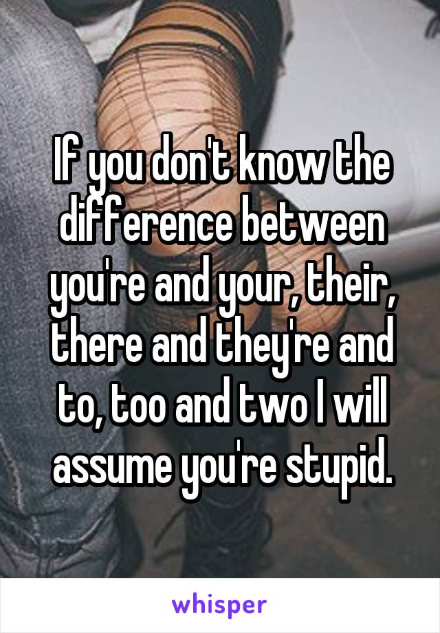 If you don't know the difference between you're and your, their, there and they're and to, too and two I will assume you're stupid.