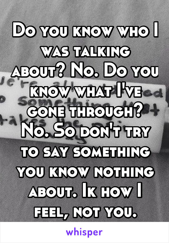 Do you know who I was talking about? No. Do you know what I've gone through? No. So don't try to say something you know nothing about. Ik how I feel, not you.