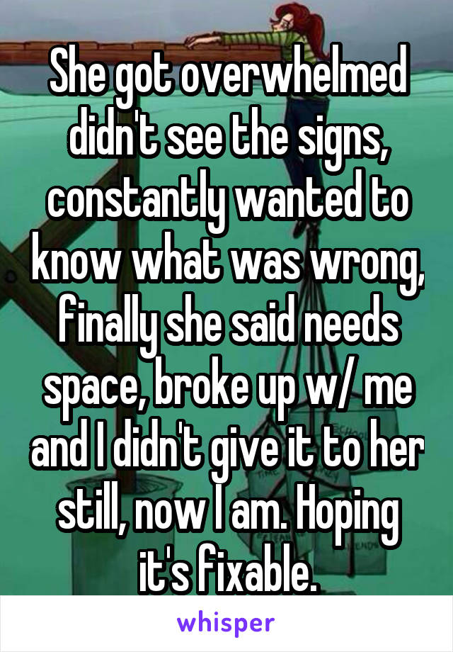 She got overwhelmed didn't see the signs, constantly wanted to know what was wrong, finally she said needs space, broke up w/ me and I didn't give it to her still, now I am. Hoping it's fixable.