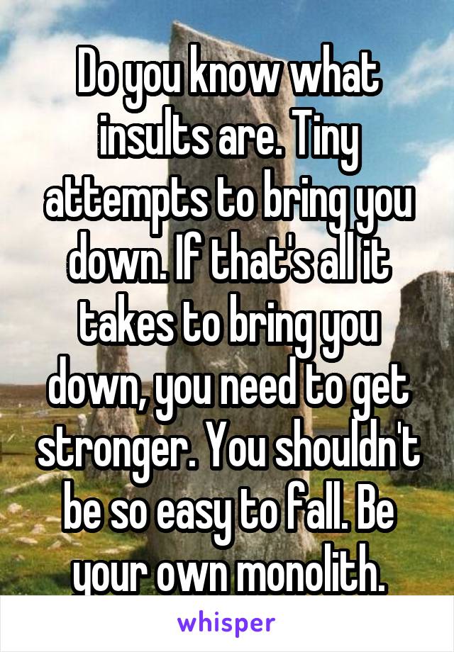 Do you know what insults are. Tiny attempts to bring you down. If that's all it takes to bring you down, you need to get stronger. You shouldn't be so easy to fall. Be your own monolith.