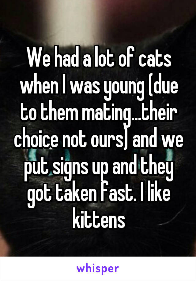 We had a lot of cats when I was young (due to them mating...their choice not ours) and we put signs up and they got taken fast. I like kittens