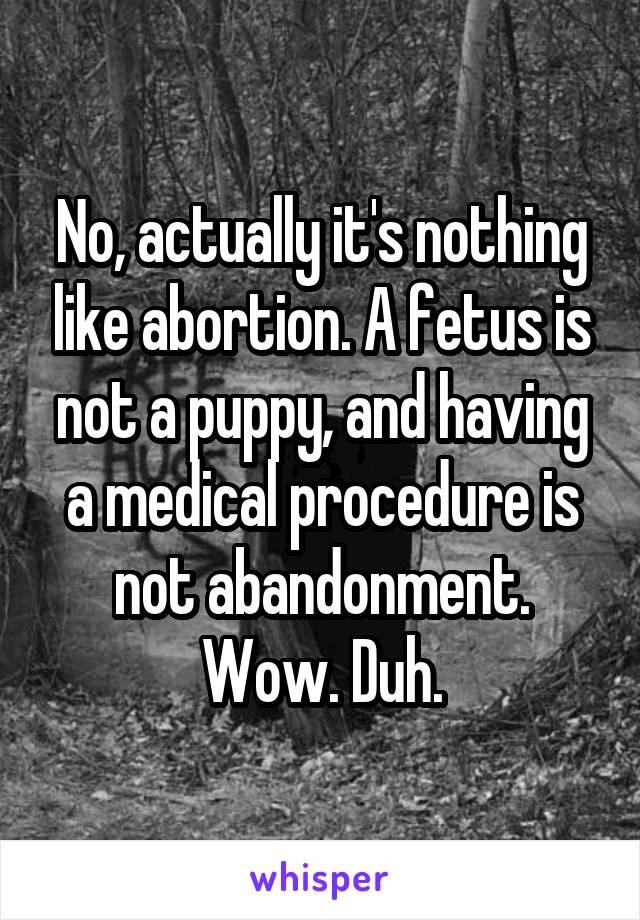 No, actually it's nothing like abortion. A fetus is not a puppy, and having a medical procedure is not abandonment.
Wow. Duh.