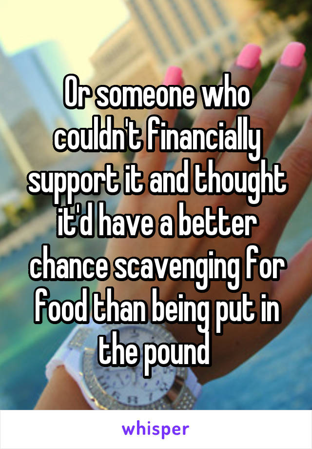 Or someone who couldn't financially support it and thought it'd have a better chance scavenging for food than being put in the pound 