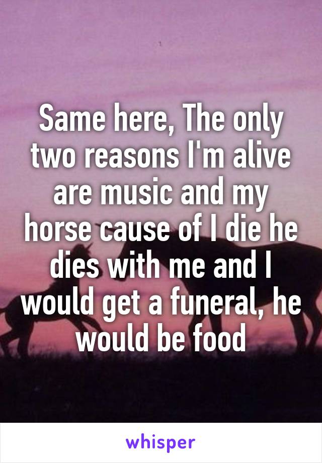 Same here, The only two reasons I'm alive are music and my horse cause of I die he dies with me and I would get a funeral, he would be food