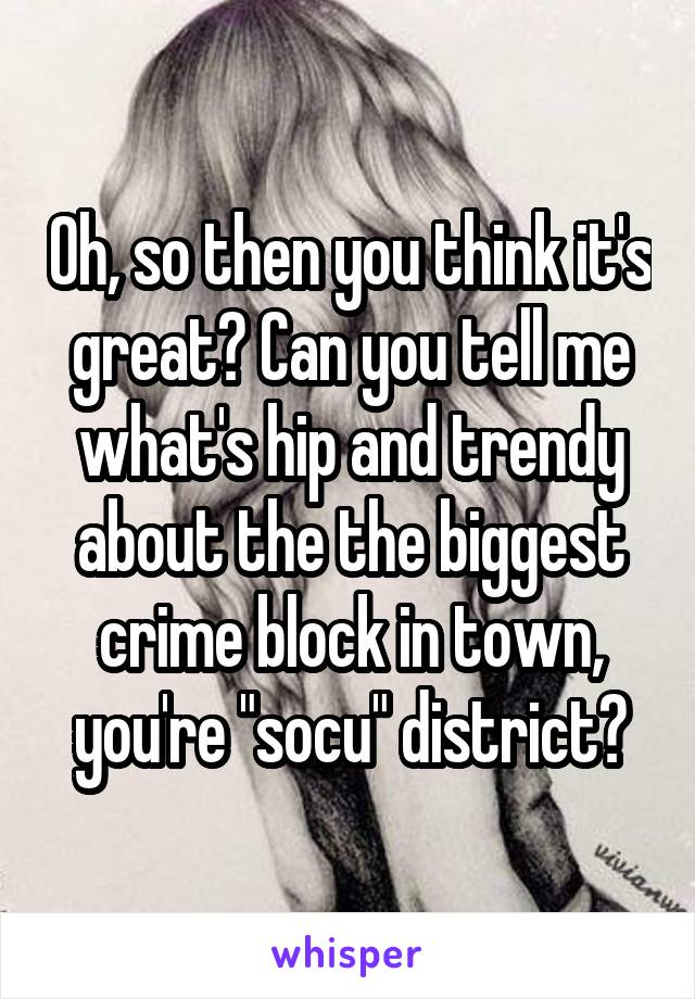 Oh, so then you think it's great? Can you tell me what's hip and trendy about the the biggest crime block in town, you're "socu" district?