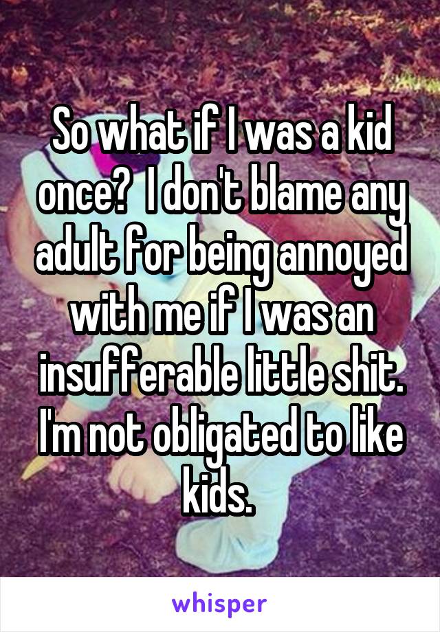 So what if I was a kid once?  I don't blame any adult for being annoyed with me if I was an insufferable little shit. I'm not obligated to like kids. 