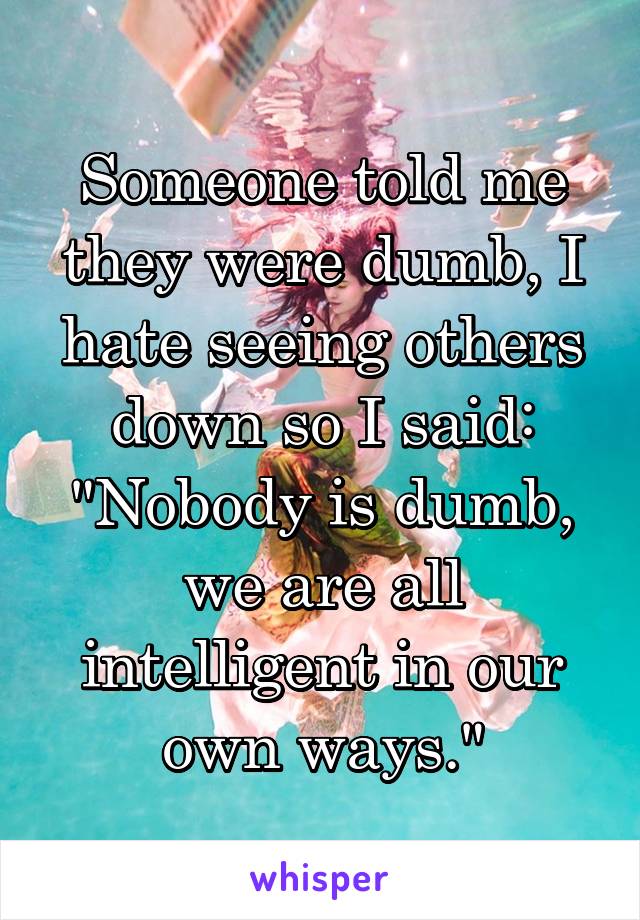 Someone told me they were dumb, I hate seeing others down so I said:
"Nobody is dumb, we are all intelligent in our own ways."