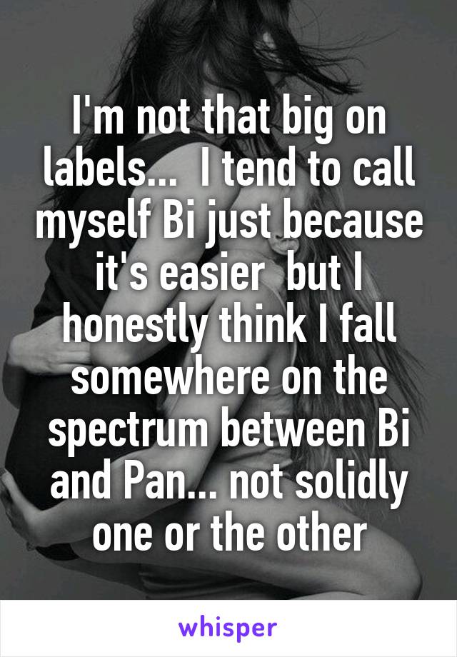 I'm not that big on labels...  I tend to call myself Bi just because it's easier  but I honestly think I fall somewhere on the spectrum between Bi and Pan... not solidly one or the other