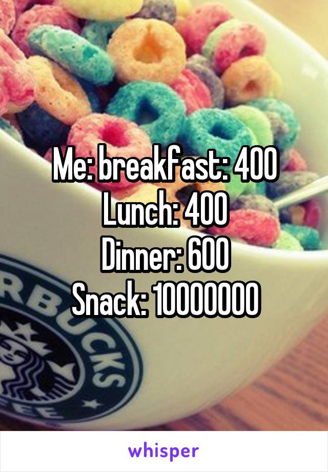 Me: breakfast: 400
Lunch: 400
Dinner: 600
Snack: 10000000