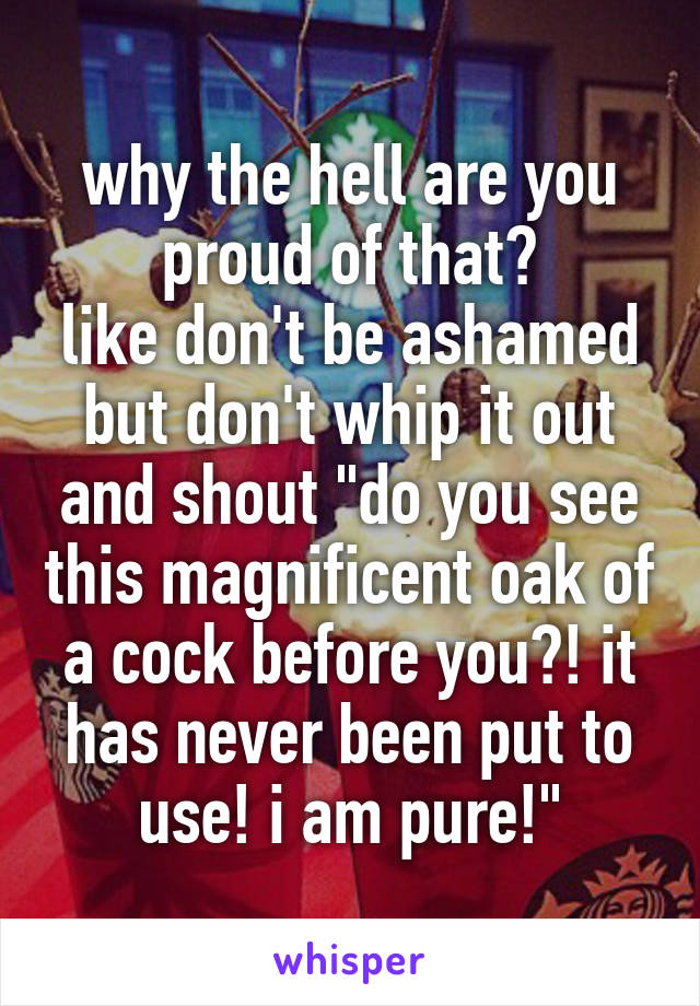 why the hell are you proud of that?
like don't be ashamed but don't whip it out and shout "do you see this magnificent oak of a cock before you?! it has never been put to use! i am pure!"