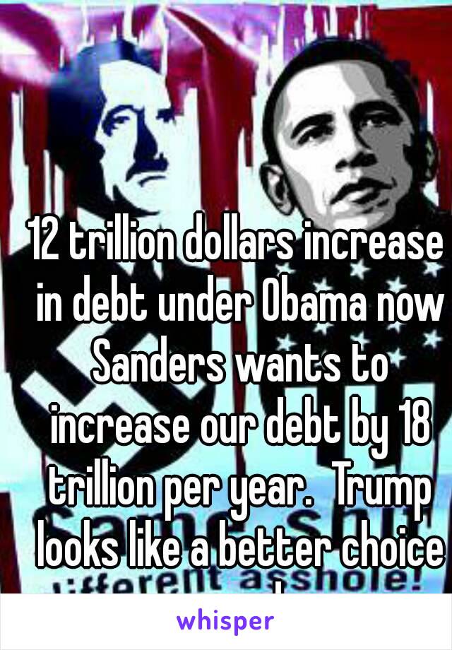 12 trillion dollars increase in debt under Obama now Sanders wants to increase our debt by 18 trillion per year.  Trump looks like a better choice every day