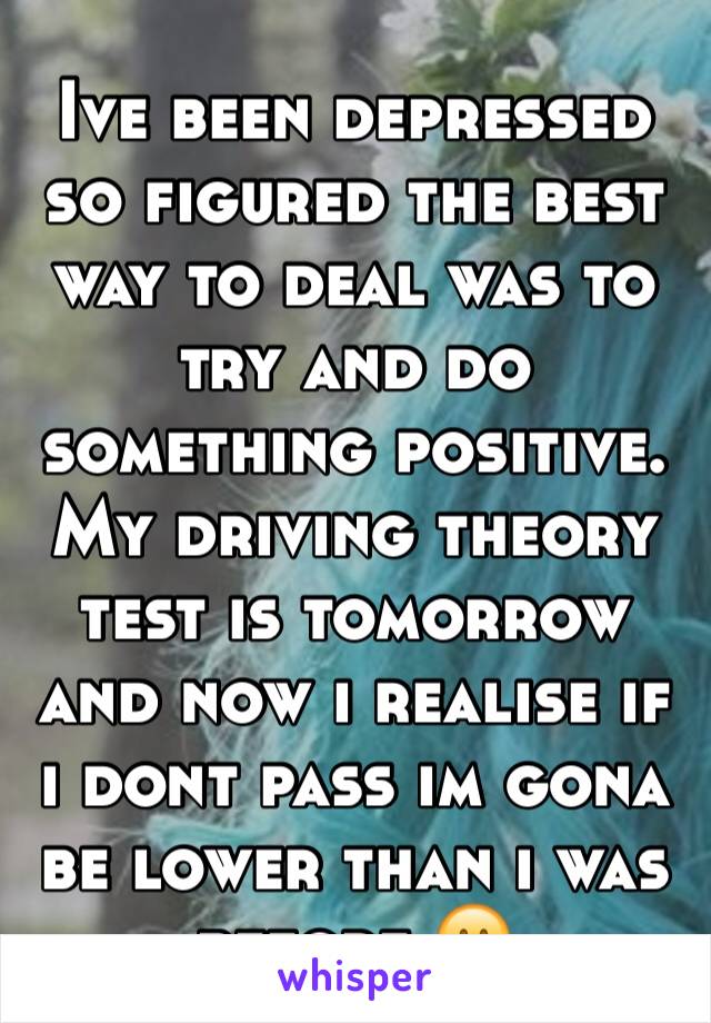 Ive been depressed so figured the best way to deal was to try and do something positive. My driving theory test is tomorrow and now i realise if i dont pass im gona be lower than i was before 😕