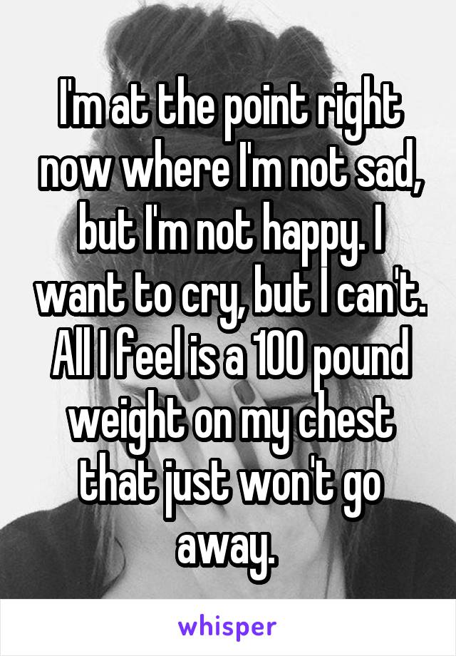 I'm at the point right now where I'm not sad, but I'm not happy. I want to cry, but I can't. All I feel is a 100 pound weight on my chest that just won't go away. 