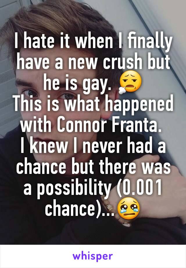 I hate it when I finally have a new crush but he is gay. 😧
This is what happened with Connor Franta. 
I knew I never had a chance but there was a possibility (0.001 chance)...😢