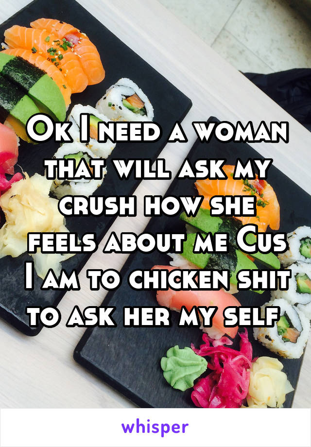 Ok I need a woman that will ask my crush how she feels about me Cus I am to chicken shit to ask her my self 