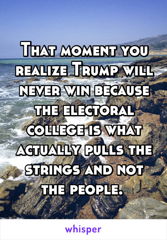 That moment you realize Trump will never win because the electoral college is what actually pulls the strings and not the people. 