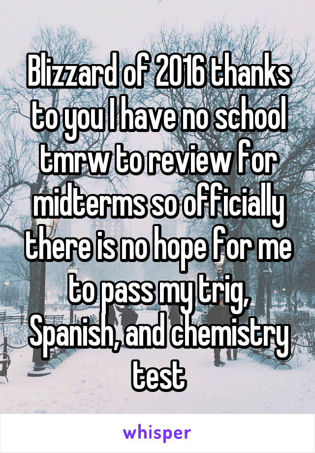 Blizzard of 2016 thanks to you I have no school tmrw to review for midterms so officially there is no hope for me to pass my trig, Spanish, and chemistry test