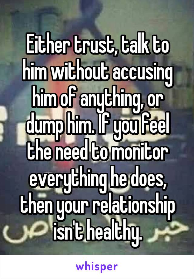 Either trust, talk to him without accusing him of anything, or dump him. If you feel the need to monitor everything he does, then your relationship isn't healthy.